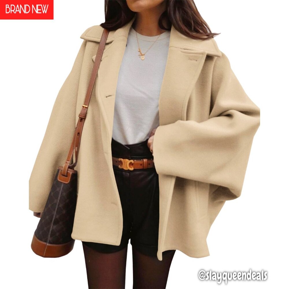 Oversized Wool Blend Pea Coat, Notch Lapel, Double Breasted, Winter Jacket